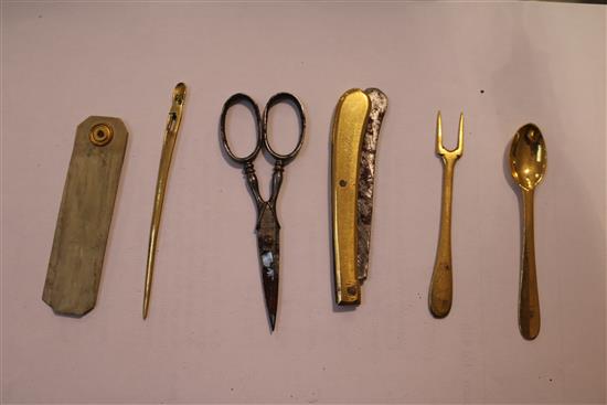 A group of three gilt metal etuis and a parcel gilt silver and ivory pendant notebook, cover various dates, largest 7.25in.